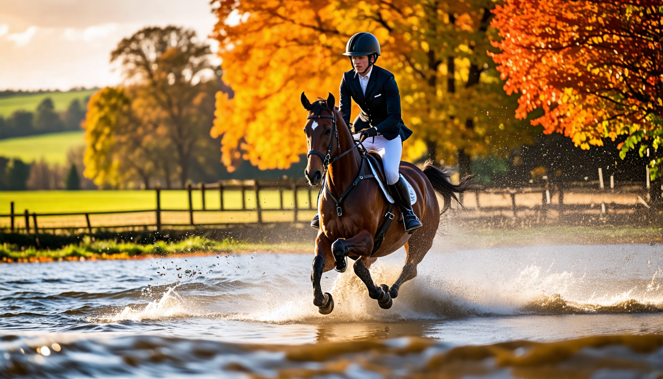 Create an image that captures the exhilarating experience of a helmet cam view during a two-star cross-country equestrian event at the picturesque Bouckaert Farm. Showcase the vibrant autumn colors of